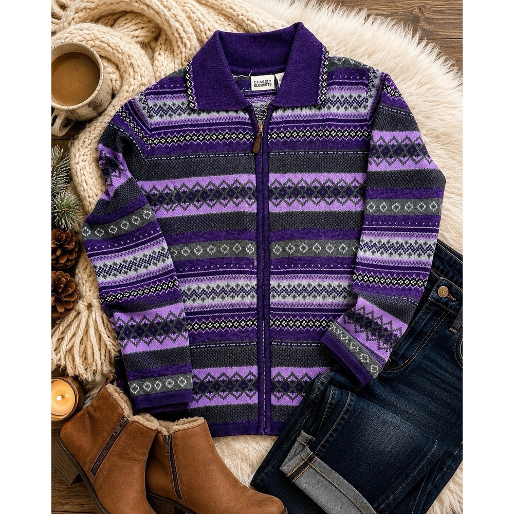 Vtg Classic Elements Fair Isle Zip Cardigan Sweater‎ Purple Gray Women's L Cozy